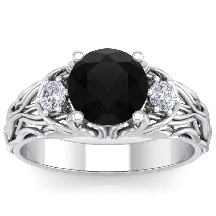 2 1/4 Carat Round Shape Black Moissanite Intricate Vine Engagement Ring In 14 Karat White Gold