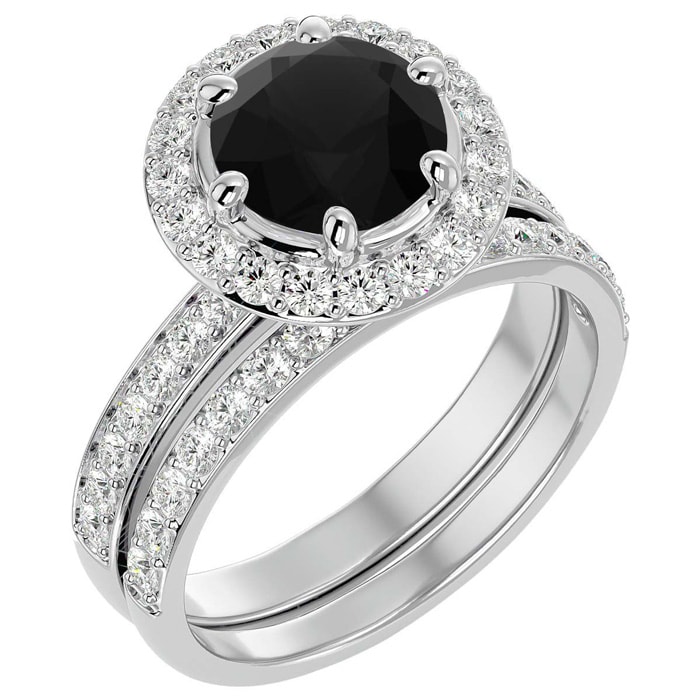 3 Carat Black Moissanite Halo Bridal Set In 14 Karat White Gold With 2 Carat Center Black Moissanite