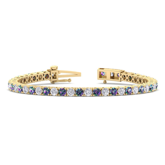 12 1/2 Carat Mystic Topaz and Diamond Tennis Bracelet In 14 Karat Yellow Gold, 8 1/2 Inches