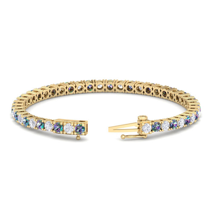12 1/2 Carat Mystic Topaz and Diamond Tennis Bracelet In 14 Karat Yellow Gold, 8 1/2 Inches