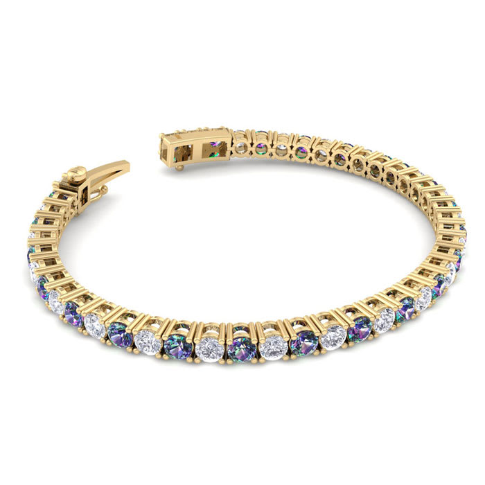 12 1/2 Carat Mystic Topaz and Diamond Tennis Bracelet In 14 Karat Yellow Gold, 8 1/2 Inches