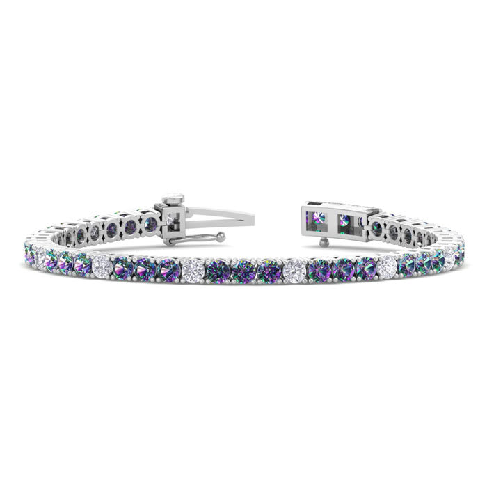 9 1/3 Carat Mystic Topaz and Diamond Alternating Tennis Bracelet In 14 Karat White Gold, 6 Inches