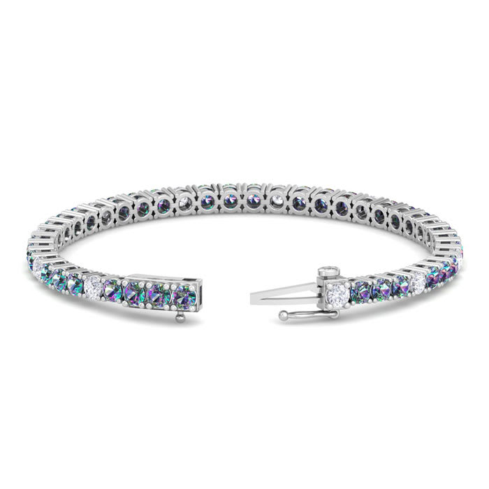 11 Carat Mystic Topaz and Diamond Alternating Tennis Bracelet In 14 Karat White Gold, 7 Inches