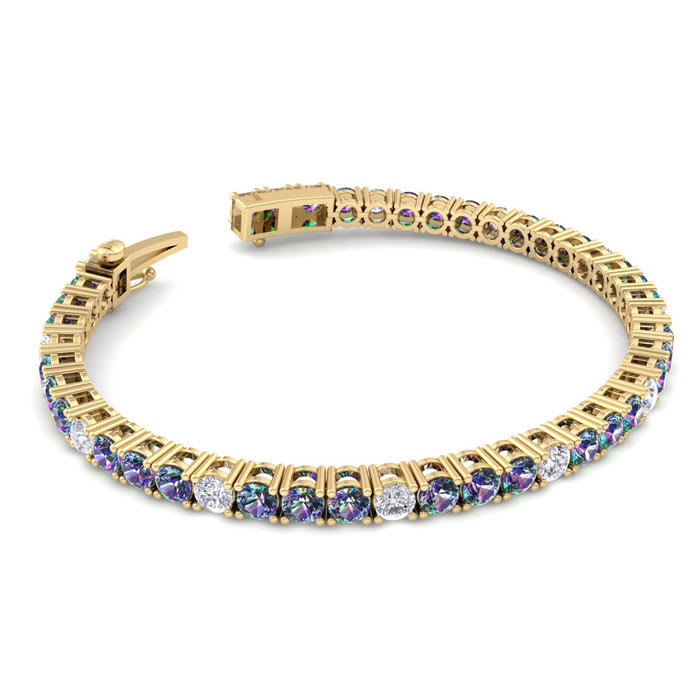 9 1/3 Carat Mystic Topaz and Diamond Alternating Tennis Bracelet In 14 Karat Yellow Gold, 6 Inches