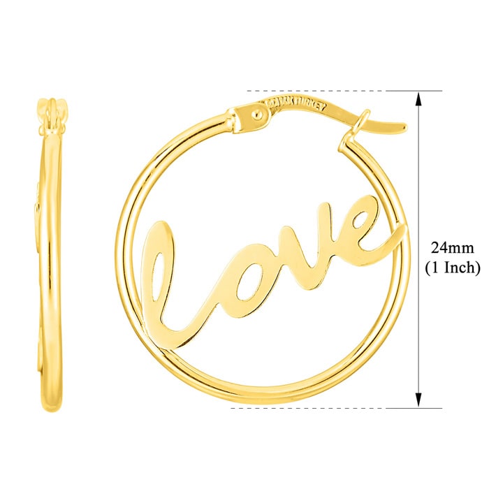 14 Karat Yellow Gold Love Hoop Earrings, 1 Inch