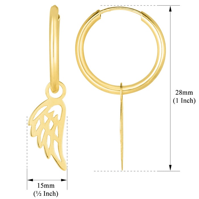 14 Karat Yellow Gold Angel Wing Dangle Hoop Earrings, 1 Inch