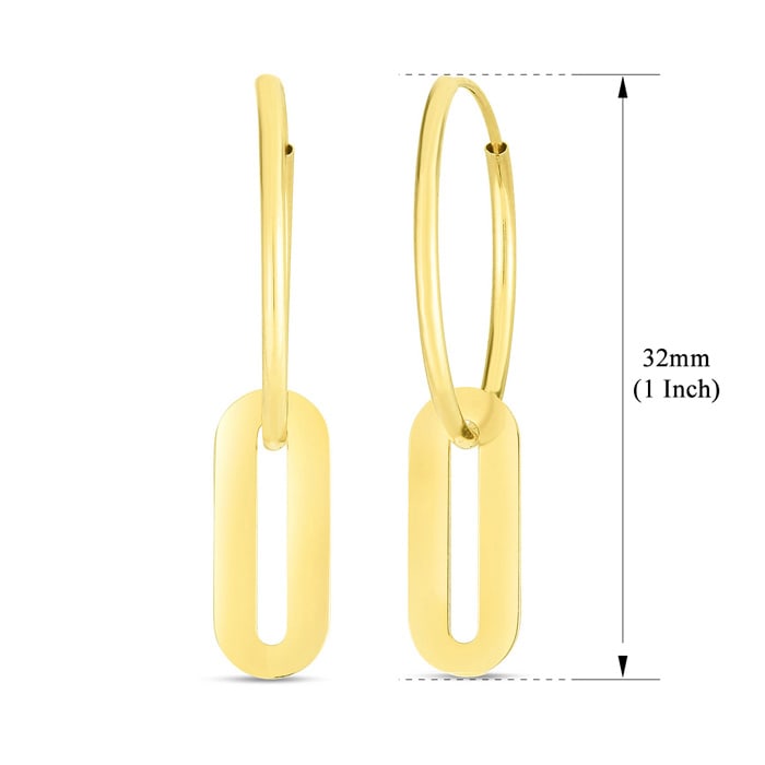 14 Karat Yellow Gold Paperclip Dangle Hoop Earrings, 1 Inch