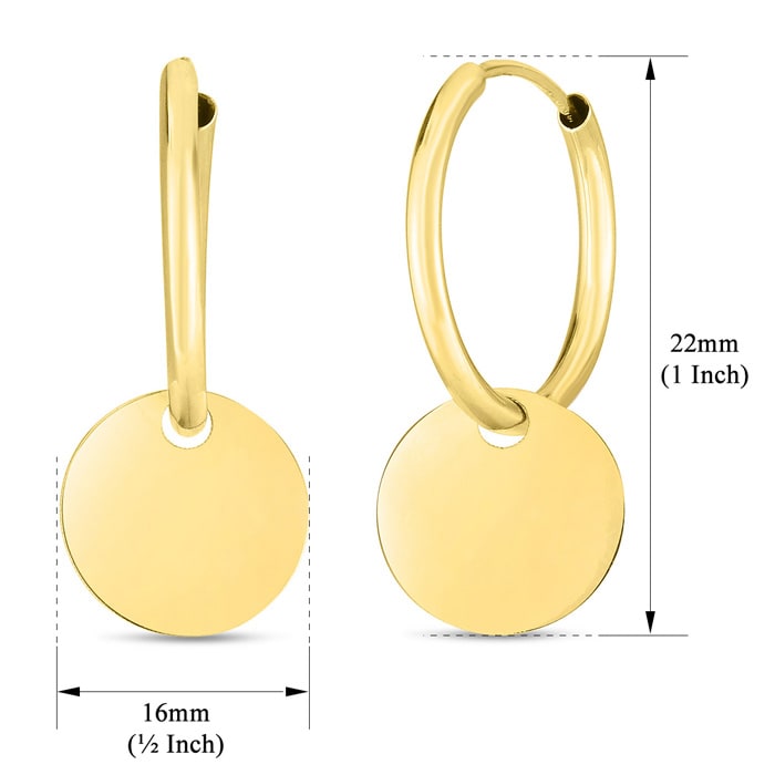14 Karat Yellow Gold Circle Dangle Hoop Earrings, 1 Inch