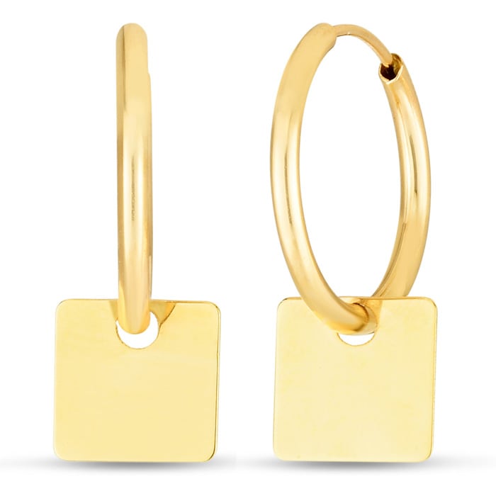14 Karat Yellow Gold Square Dangle Hoop Earrings, 1 Inch