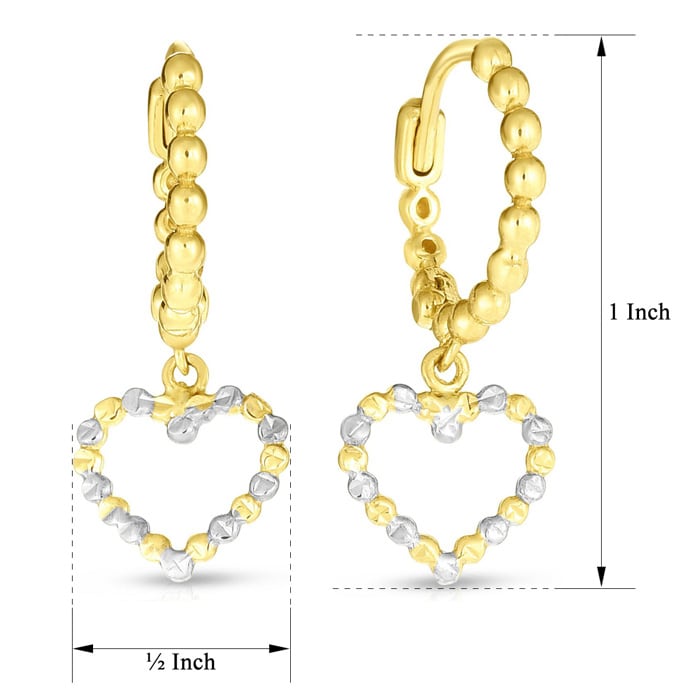14 Karat Yellow Gold Heart Drop Earrings, 1 Inch