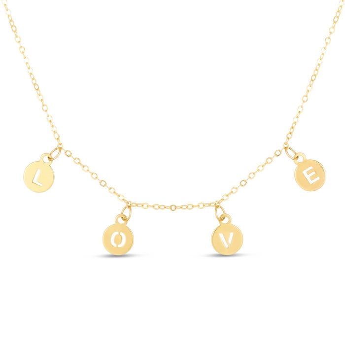 14 Karat Yellow Gold Dangling Love Necklace, 18 Inches