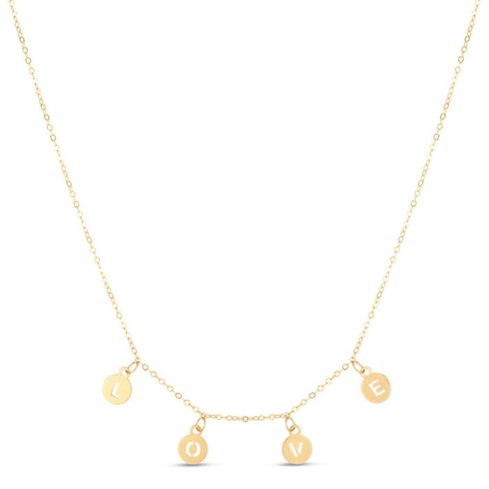 14 Karat Yellow Gold Dangling Love Necklace, 18 Inches