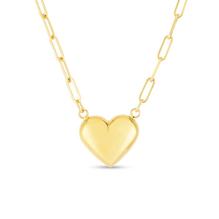14 Karat Yellow Gold Puffed Heart Paperclip Chain Necklace 18 Inches