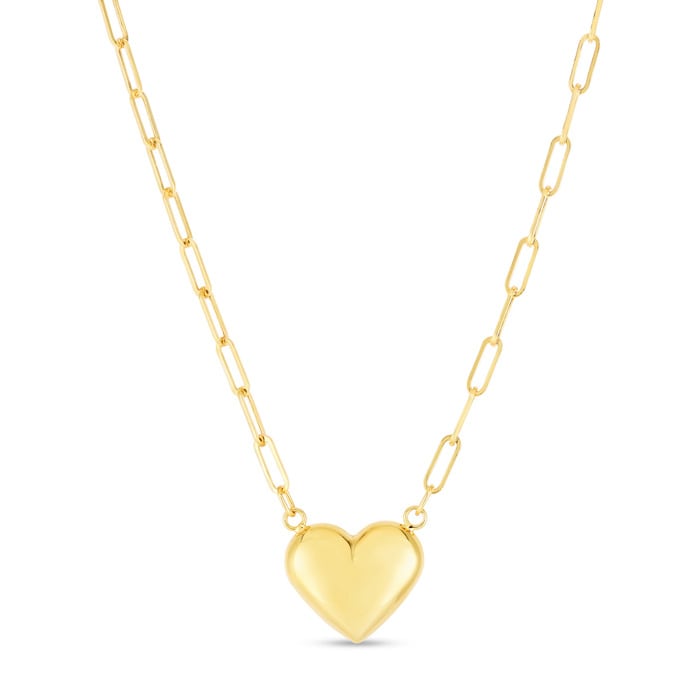 14 Karat Yellow Gold Puffed Heart Paperclip Chain Necklace, 18 Inches
