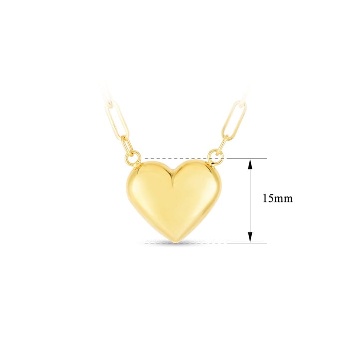 14 Karat Yellow Gold Puffed Heart Paperclip Chain Necklace, 18 Inches