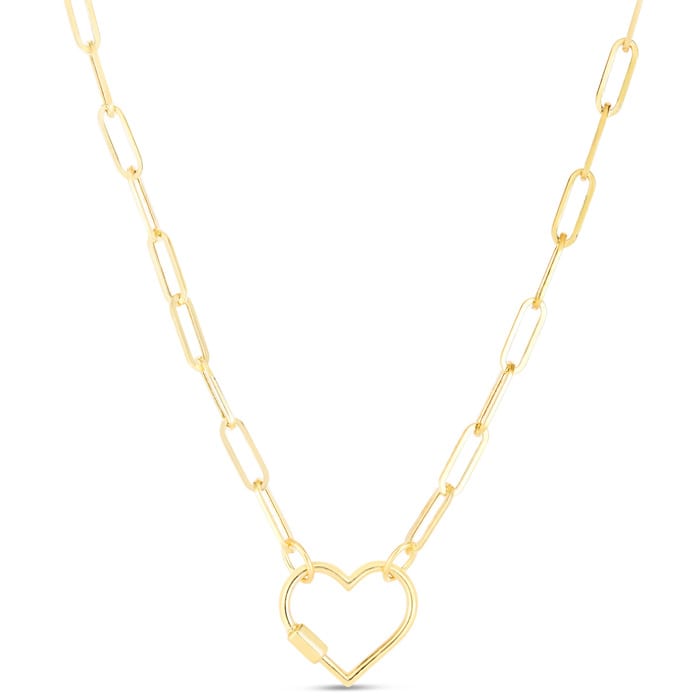 14 Karat Yellow Gold Heart Paperclip Chain Necklace, 18 Inches