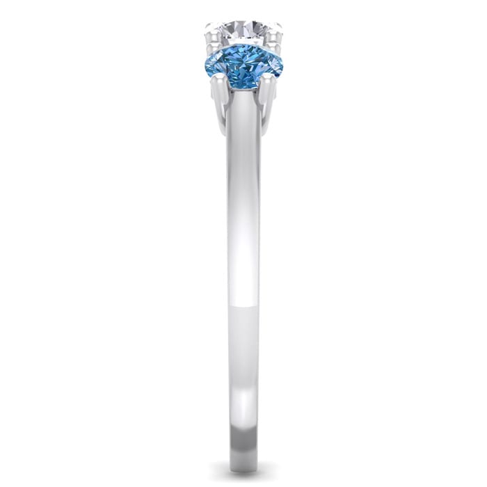 1 Carat White and Blue Diamond Three Diamond Ring In 14 Karat White Gold