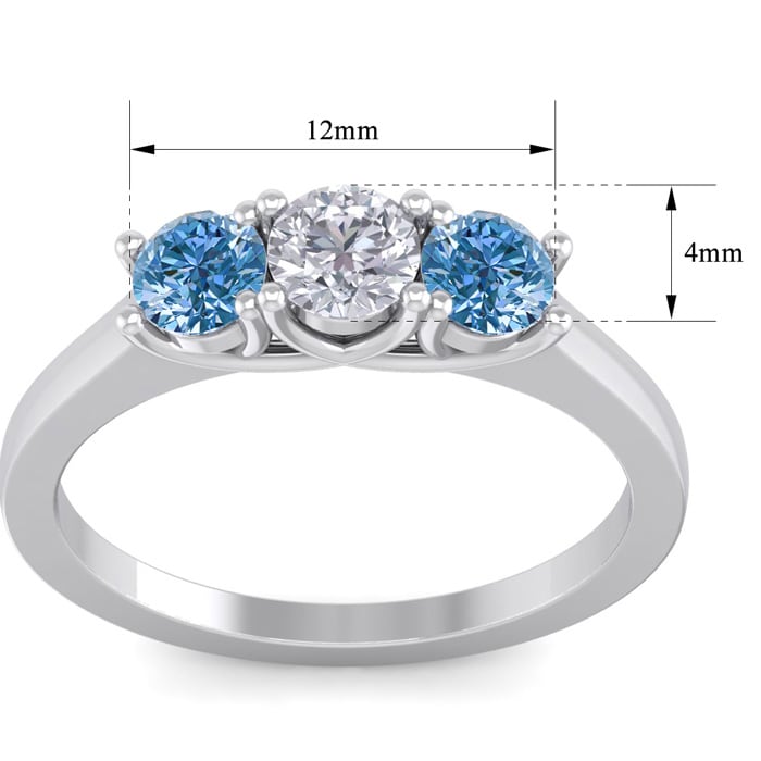 1 Carat White and Blue Diamond Three Diamond Ring In 14 Karat White Gold