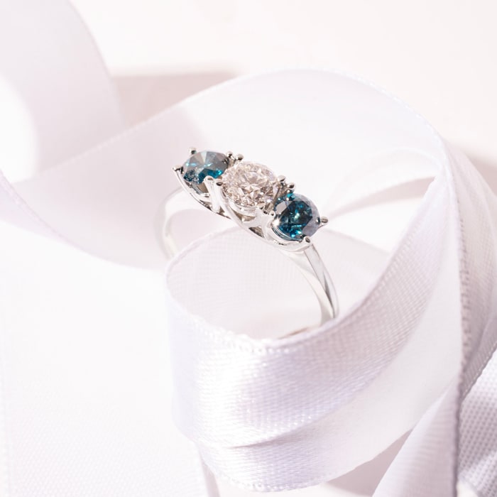 1 Carat White and Blue Diamond Three Diamond Ring In 14 Karat White Gold