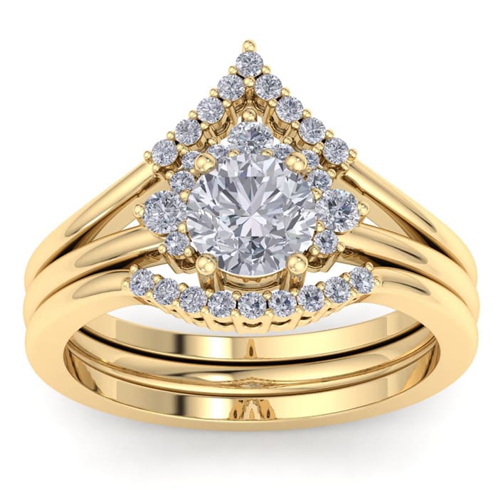 Moissanite Engagement Ring; 1 1/5 Carat Moissanite Bridal Set With Crown In 14 Karat Yellow Gold