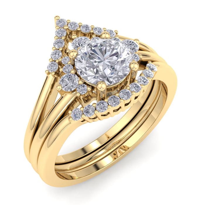 Moissanite Engagement Ring; 1 1/5 Carat Moissanite Bridal Set With Crown In 14 Karat Yellow Gold