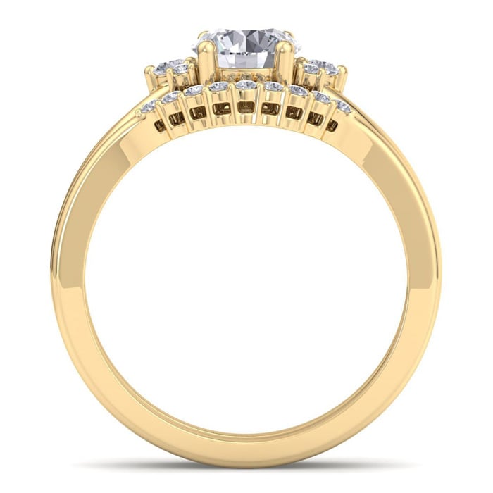 Moissanite Engagement Ring; 1 1/5 Carat Moissanite Bridal Set With Crown In 14 Karat Yellow Gold