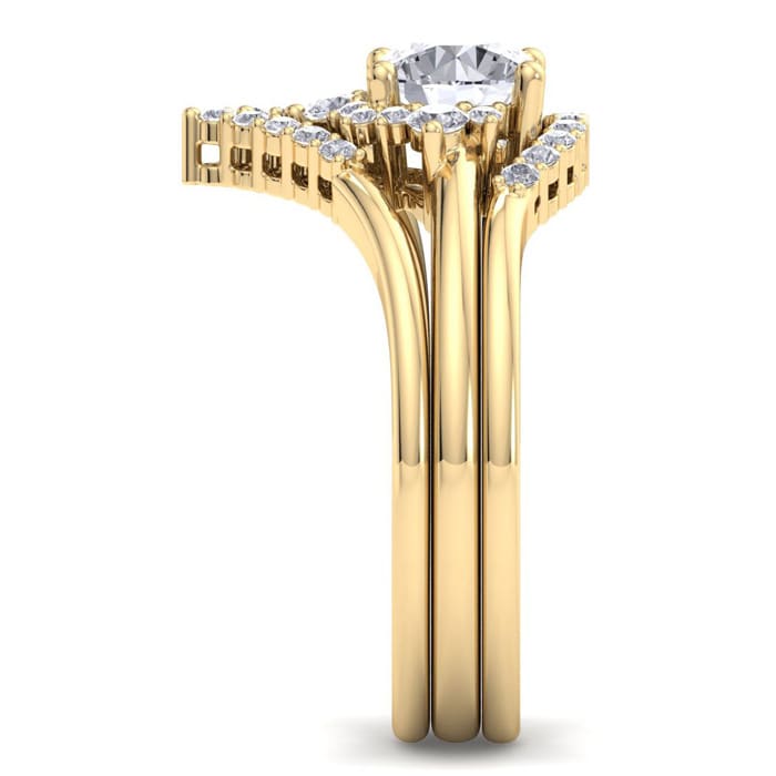 Moissanite Engagement Ring; 1 1/5 Carat Moissanite Bridal Set With Crown In 14 Karat Yellow Gold