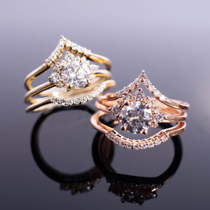 Moissanite Engagement Ring; 1 1/5 Carat Moissanite Bridal Set With Crown In 14 Karat Yellow Gold