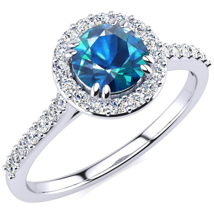 2 1/4 Carat Perfect Halo Blue Diamond Engagement Ring In 14K White Gold