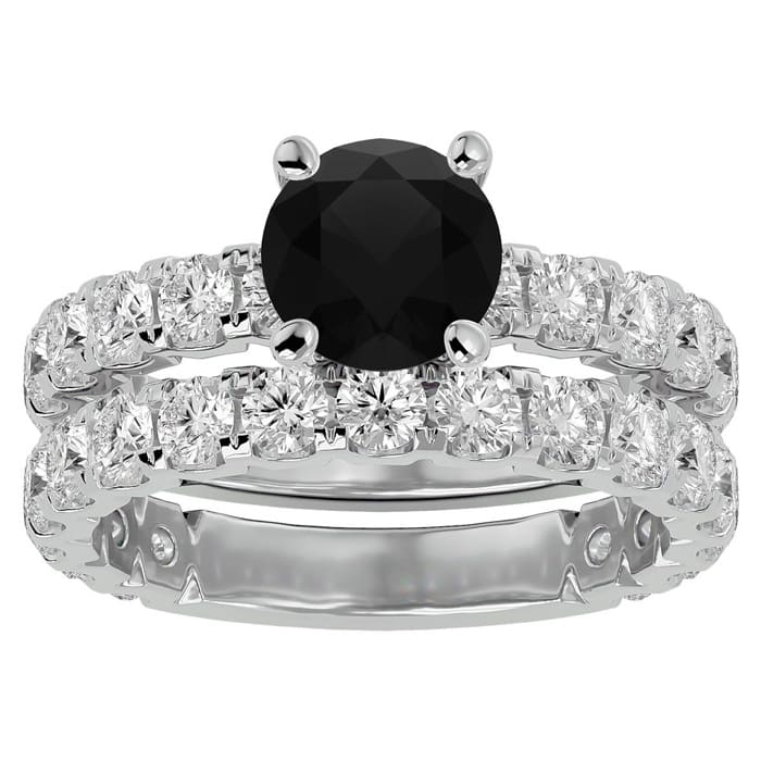 4 Carat Round Black Moissanite Bridal Set In 14 Karat White Gold