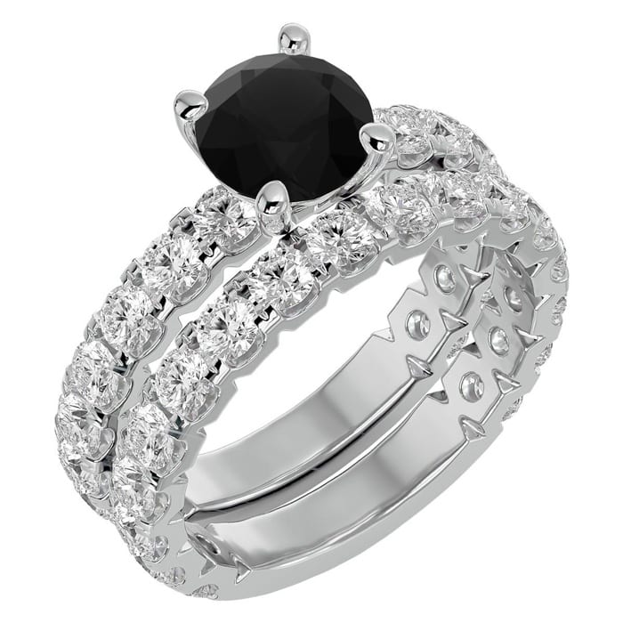 4 Carat Round Black Moissanite Bridal Set In 14 Karat White Gold