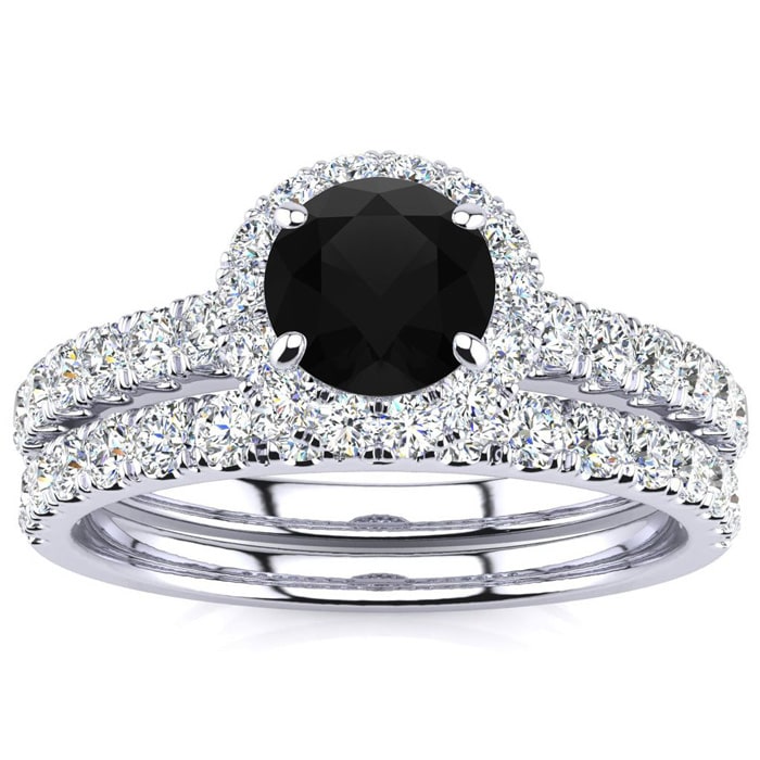 1 Carat Round Black Moissanite Halo Bridal Set In 14 Karat White Gold