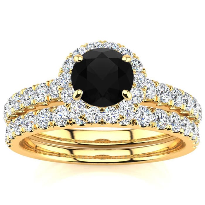 1 Carat Round Black Moissanite Halo Bridal Set In 14 Karat Yellow Gold