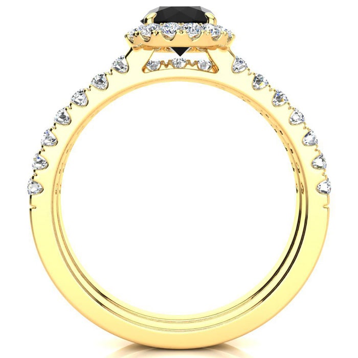 1 Carat Round Black Moissanite Halo Bridal Set In 14 Karat Yellow Gold