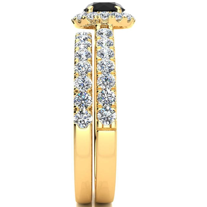 1 Carat Round Black Moissanite Halo Bridal Set In 14 Karat Yellow Gold