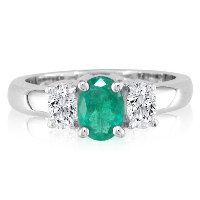 Emerald Gemstone Jewelry: 1/2ct Oval Emerald and 1/4ct Oval Diamond Ring in 14k White Gold