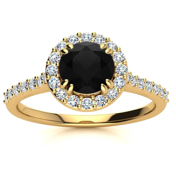 1 Carat Round Shape Halo Black Moissanite Engagement Ring In 14 Karat Yellow Gold