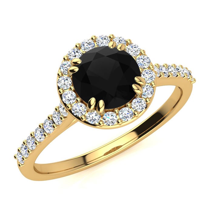 1 Carat Round Shape Halo Black Moissanite Engagement Ring In 14 Karat Yellow Gold