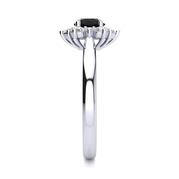 1 1/2 Carat Round Shape Flower Halo Black Diamond Engagement Ring In 14K White Gold