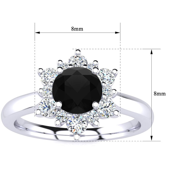 1 1/2 Carat Round Shape Flower Halo Black Diamond Engagement Ring In 14K White Gold