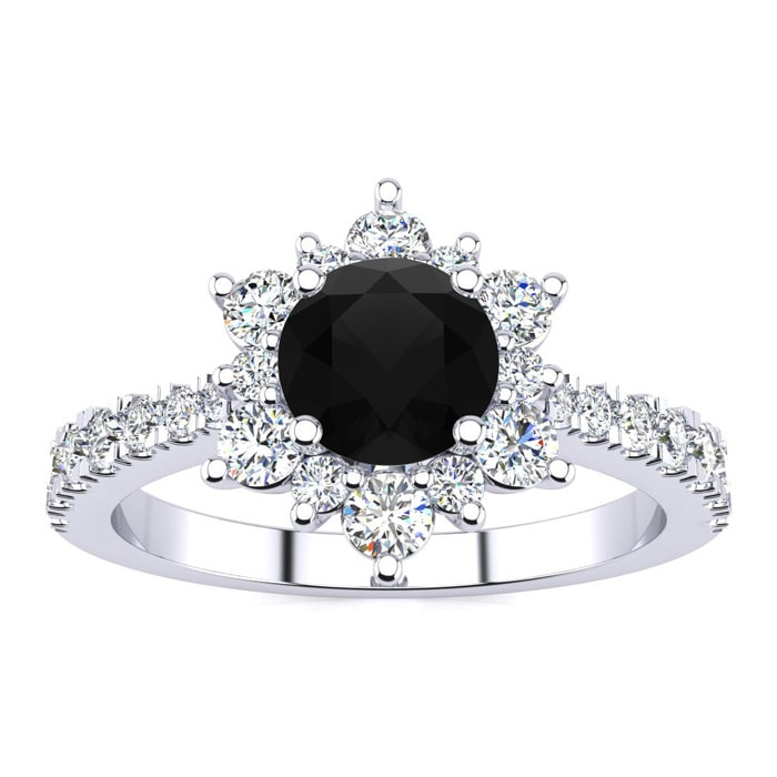 2 Carat Round Shape Flower Halo Black Diamond Engagement Ring In 14K White Gold