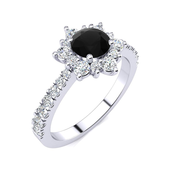 2 Carat Round Shape Flower Halo Black Diamond Engagement Ring In 14K White Gold