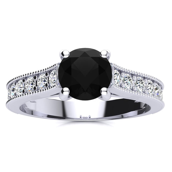 1 1/2 Carat Round Shape Black Diamond Engagement Ring In 14 Karat White Gold