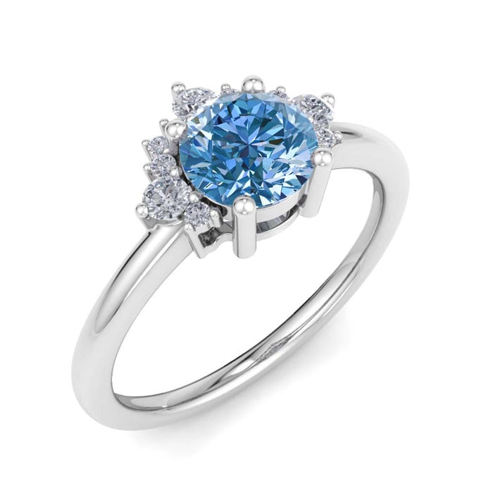 1 Carat Blue Diamond Engagement Ring With Crown In 14 Karat White Gold