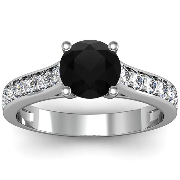1 1/2 Carat Round Shape Black Diamond Engagement Ring In 14 Karat White Gold