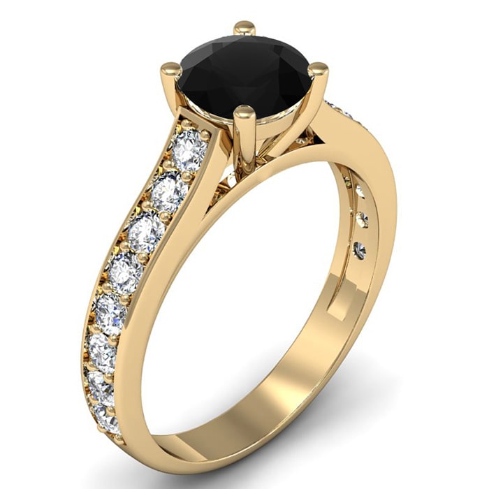 1 1/2 Carat Round Shape Black Diamond Engagement Ring In 14 Karat Yellow Gold