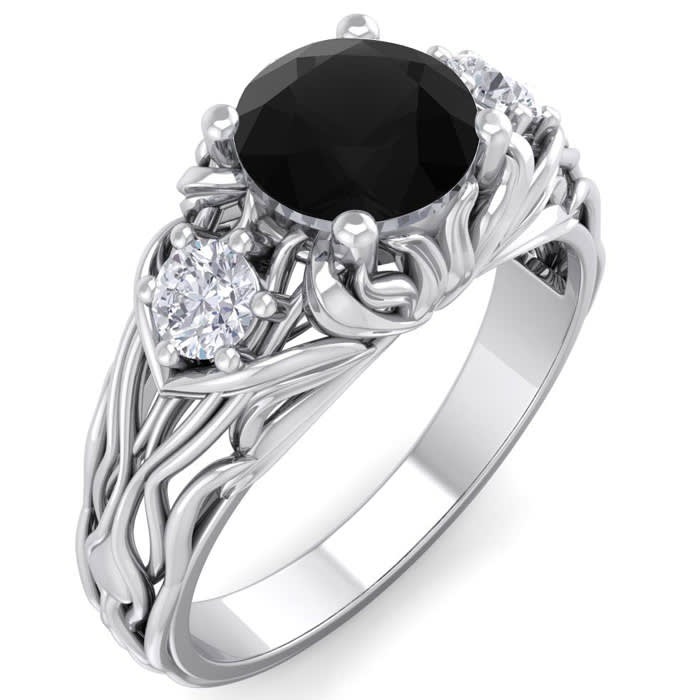 1 1/4 Carat Round Shape Black Diamond Intricate Vine Engagement Ring In 14 Karat White Gold
