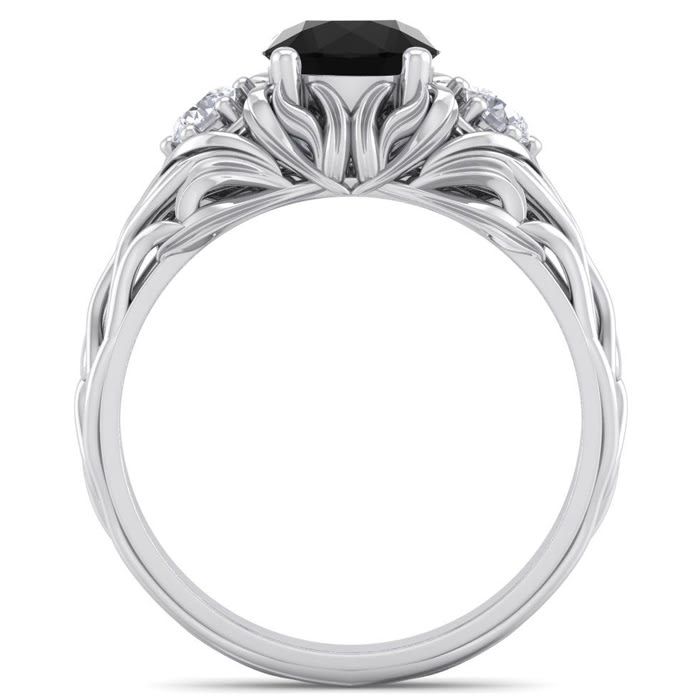 1 1/4 Carat Round Shape Black Diamond Intricate Vine Engagement Ring In 14 Karat White Gold
