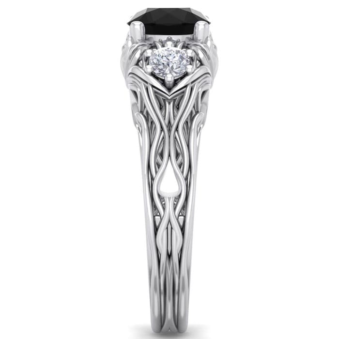 1 1/4 Carat Round Shape Black Diamond Intricate Vine Engagement Ring In 14 Karat White Gold