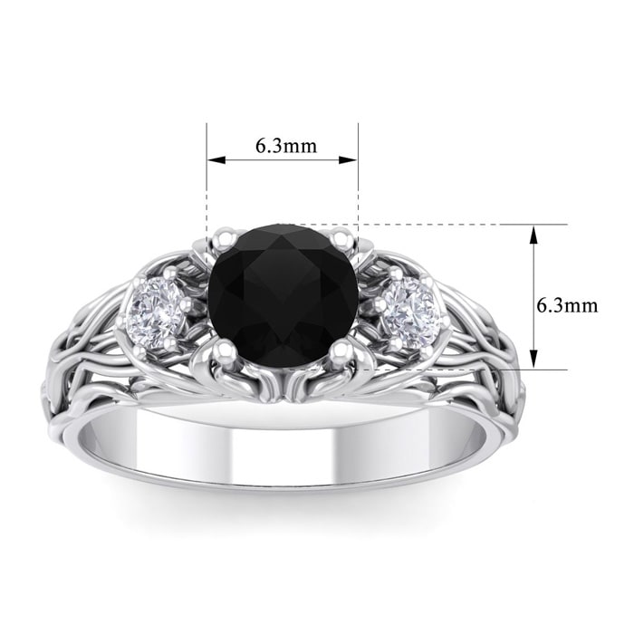1 1/4 Carat Round Shape Black Diamond Intricate Vine Engagement Ring In 14 Karat White Gold
